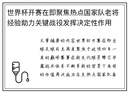 世界杯开赛在即聚焦热点国家队老将经验助力关键战役发挥决定性作用