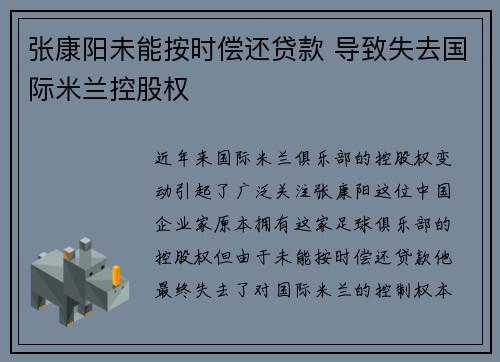 张康阳未能按时偿还贷款 导致失去国际米兰控股权